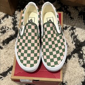 Vans women’s green and Pink Checkerboard Slip-On Sneakers